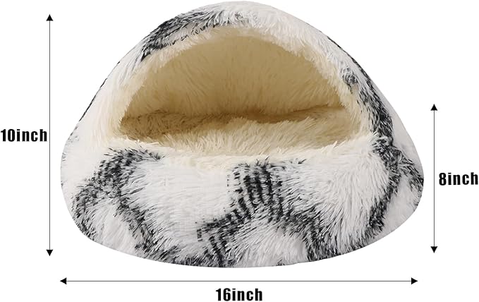 Round Hooded Cat Bed & Dog Bed with Cover Cave, Dog Bed for Small Dogs, Faux Fur Cuddler Round Coved Cat Bed Self Warming Donut Dog Bed Fits up to 5 lbs Pets (Grey White, 16inch x 16inch)
