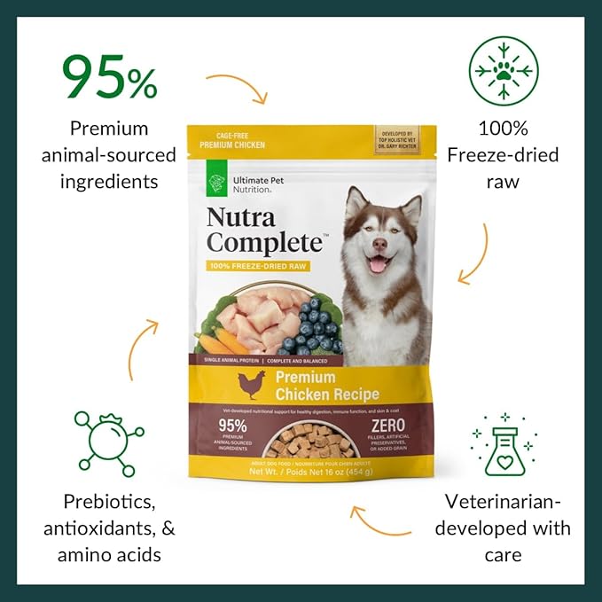ULTIMATE PET NUTRITION Nutra Complete Freeze Dried Raw Dog Food, Veterinarian Formulated with Antioxidants, Prebiotics & Amino Acids (1 Pound, Chicken)