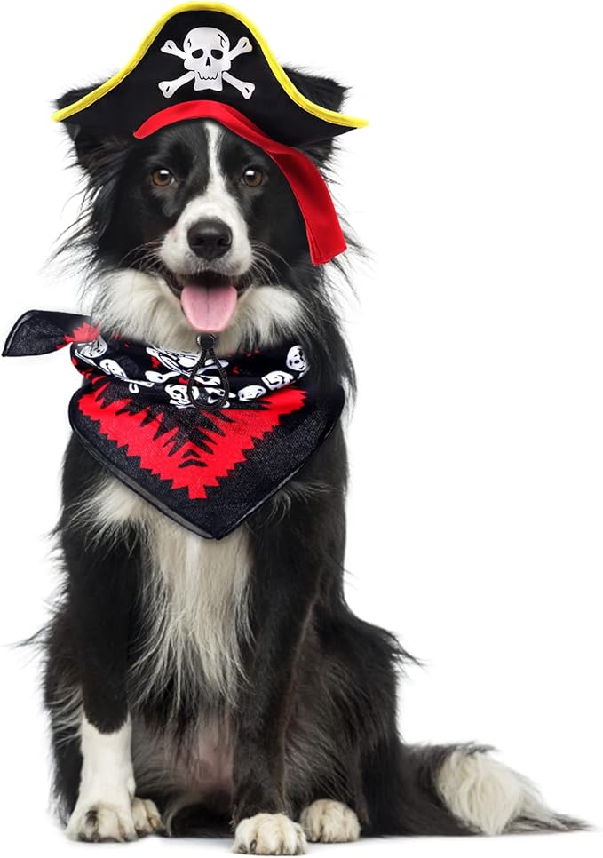 2 Pieces Skull Print Pet Pirate Hat with Pirate Skull Bandana Dog Cat Captain Cap Halloween Pirate Cosplay Costume Halloween Party Hat Dress Up Costume Accessories (A) One Size