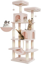 TaoqimiaoCat Tree Cat Tower for Indoor Cats, Plush Multi-Level Cat Condo with 12 Scratching Posts, 2 Perches, 2 Caves, Hammock, 2 Pompoms Jelly Pink