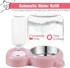 Dog Bowls, Cat Food and Water Bowl Set with Water Dispenser and Stainless Steel Bowl for Cats and Small Dogs - Pink