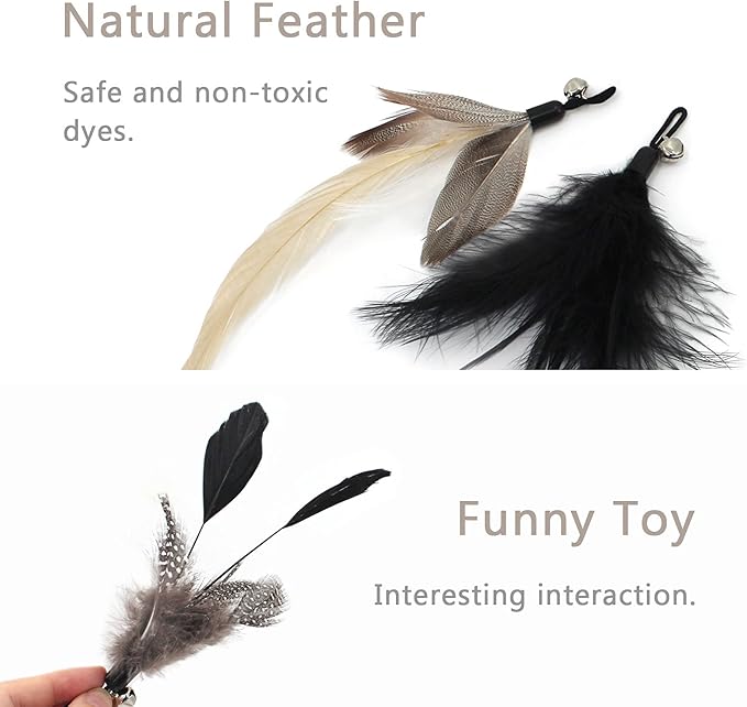 SONGWAY Interactive Cat Feather Toy Set - Retractable Teaser Wand with 6 Pcs Feather Refills with Bell, Cat Wand Toys for Indoor Cats Kittens Play Chase Exercise, Black