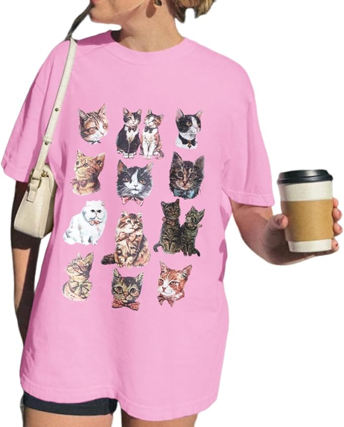 Oversized Cat Shirt Cute Graphic Tees for Women Y2k Funny Tshirts Baggy Aesthetic Shirts Cat Lover Gifts Kawaii Tops