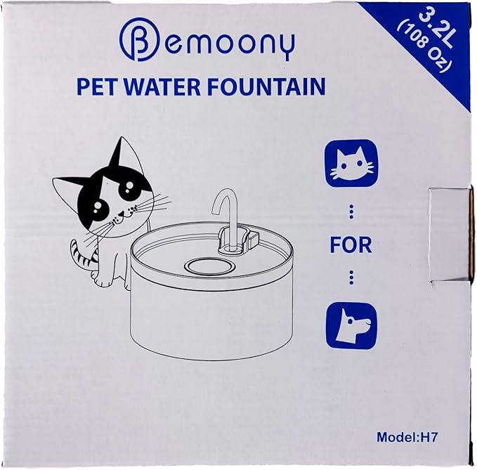Cat Water Fountain: 108oz/3.2L Cat Fountain Super Silent Pet Drinking Dispenser - Water Fountains for Kitty Indoor - Quiet Pump and Faucet Design - Suitable for Cats and Dogs - BEMOONY