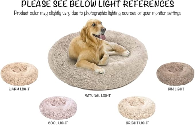 Friends Forever Donut Dog Bed Faux Fur Fluffy Calming Sofa For Large Dogs, Soft & Plush Anti Anxiety Pet Couch For Dogs, Machine Washable Coco Pet Bed with Non-Slip Bottom, 36"x36"x8" Tan