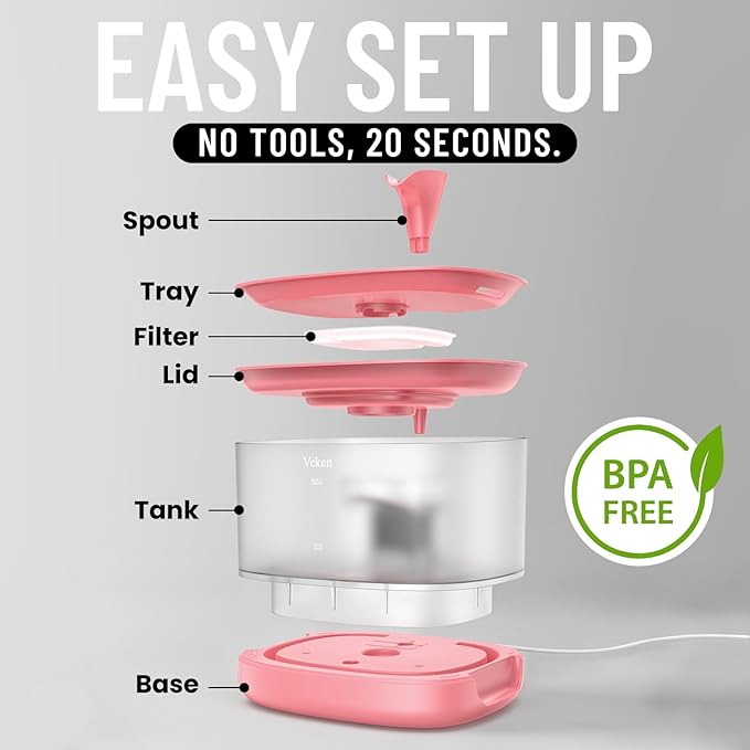 Veken Cat Water Fountain with Detachable Tank, Easy to Clean & Assemble, 84oz/2.5L Automatic Pet Drinking Dispenser with Quiet Operation & LED Light for Cats, Dogs and Small Pets, Red