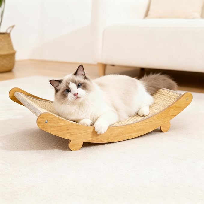 Multi-Functional Wooden Cat Scratcher Bed for Small Pets & Cats, Durable Sisal Post with Cozy Napping Lounge, Indoor Furniture Protector