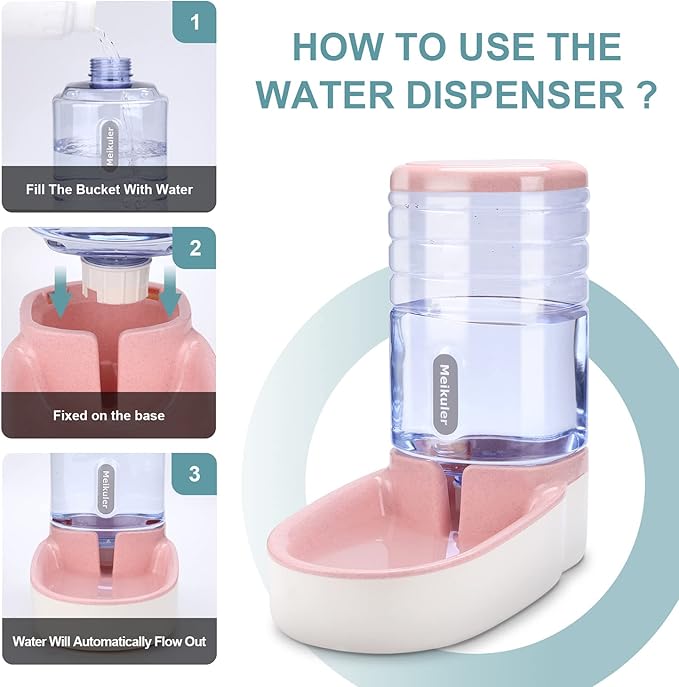 Meikuler Automatic Dog Cat Feeder and Water Dispenser Set,Waterer and Gravity Food Feeder for Small & Medium Dogs Cats Puppies,Large Capacity 1 Gallon x 2(Pink)