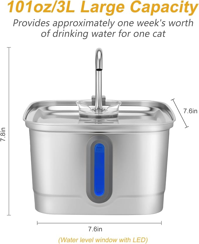Stainless Steel Cat Water Fountain, 101oz/3L Automatic Pet Water Fountain, Dog Water Fountain with Replacement Filters for Cats, Small Dogs (4 Filters and 4 Sponges)