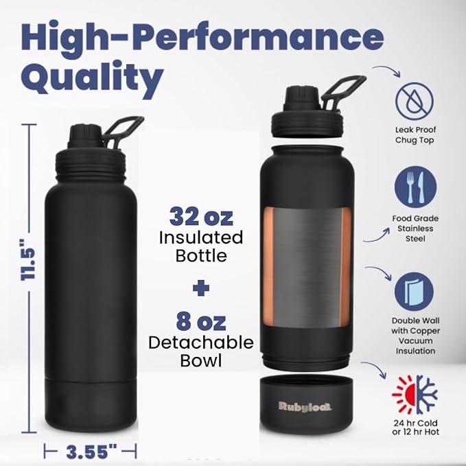 Dog Water Bottle for Dog Lovers - 32 oz Stainless Steel Double Wall Insulated Water Bottle with 8 oz Detachable Bowl on Bottom - Gift for Doggy Mom & Dad for Hiking, Walks, Travel - Black