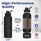 Dog Water Bottle for Dog Lovers - 32 oz Stainless Steel Double Wall Insulated Water Bottle with 8 oz Detachable Bowl on Bottom - Gift for Doggy Mom & Dad for Hiking, Walks, Travel - Black