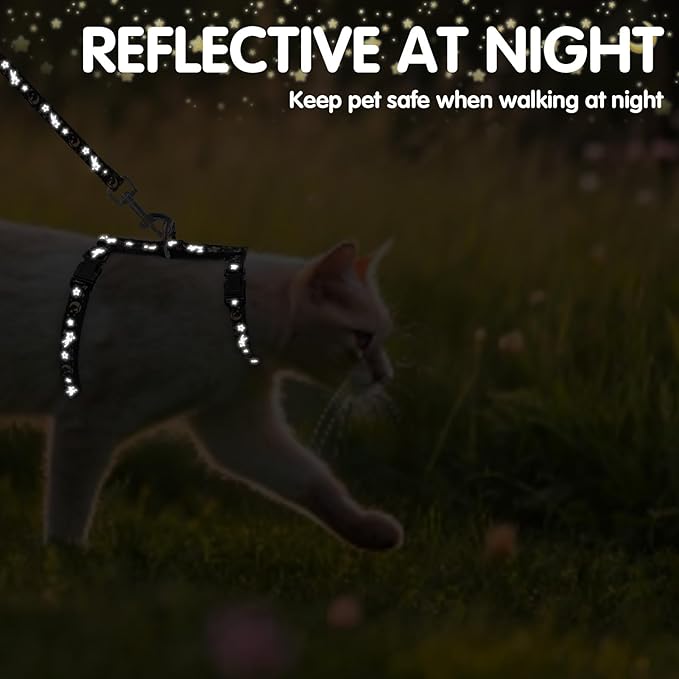 PAWCHIE Cat Harness with Leash and Collar Set - Escape Proof Adjustable H-shped Cat Harness with Star and Moon Pattern Glow in The Dark for Kitty Outdoor Walking