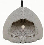 Hezotco Large Cat Bed for Indoor Cats, Soft Fluff Indoor Dog House& Cat Cave for Small Dogs. Pet House for Puppy with Cat Teasing Ball 22.8"*18.5"*22.8"(Coffee+White)