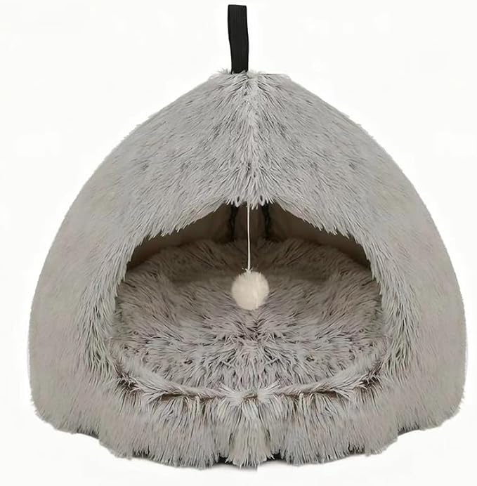 Hezotco Large Cat Bed for Indoor Cats, Soft Fluff Indoor Dog House& Cat Cave for Small Dogs. Pet House for Puppy with Cat Teasing Ball 22.8"*18.5"*22.8"(Coffee+White)