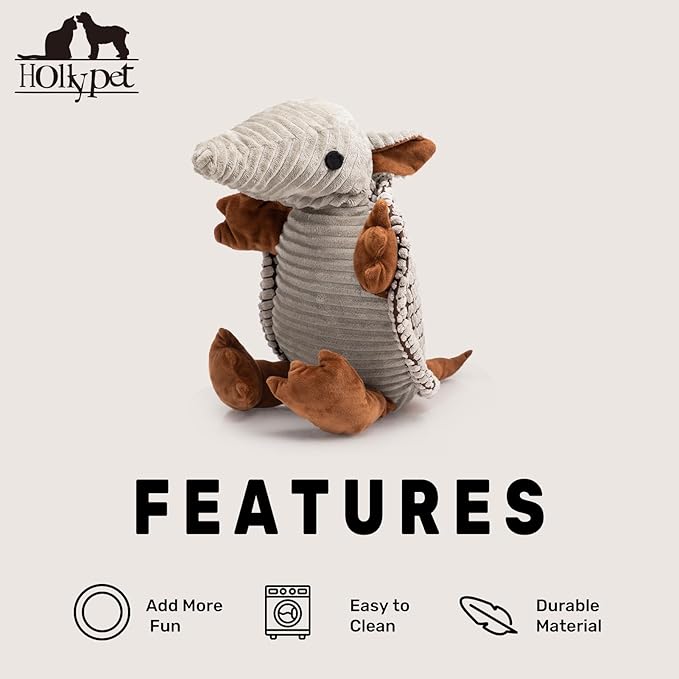 Hollypet Plush Dog Squeaky Toy Stuffed Armadillo Animal Pet Puppy Chew Toys with Clean Teeth for Small Medium Large All Breed Sizes Dogs, Gray Large, 8 in