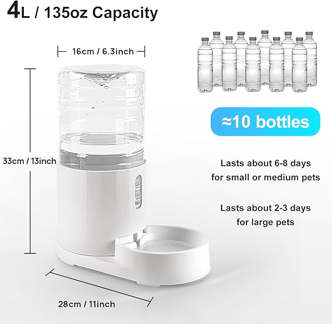 CZPET 4L Cat Water Dispenser, Automatic Gravity Cat Bowl, Visible Window, Safe and Unplugged for Pet Kitty Dog (White, 4L Water Dispenser)