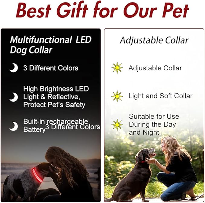 YFbrite Ultra Light Adjustable LED Dog Collar, Light up Dog Collars Rechargeable Glowing in The Dark Collars Visiblity & Safety for Small, Medium, Large Dogs (Red, Large)