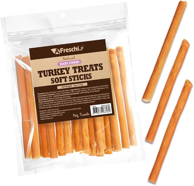 Afreschi Soft Turkey Stick Dog Treats – 6oz, USA-Sourced Trukey, All-Natural, Hypoallergenic, High-Protein, Low-Fat, Healthy & Easily Digestible, Puppy & Training Snack