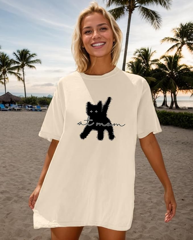Cat Shirts for Women Cute Cat Mom Oversized Shirt Funny Pet Graphic Tees Y2k Teen Girl Clothes