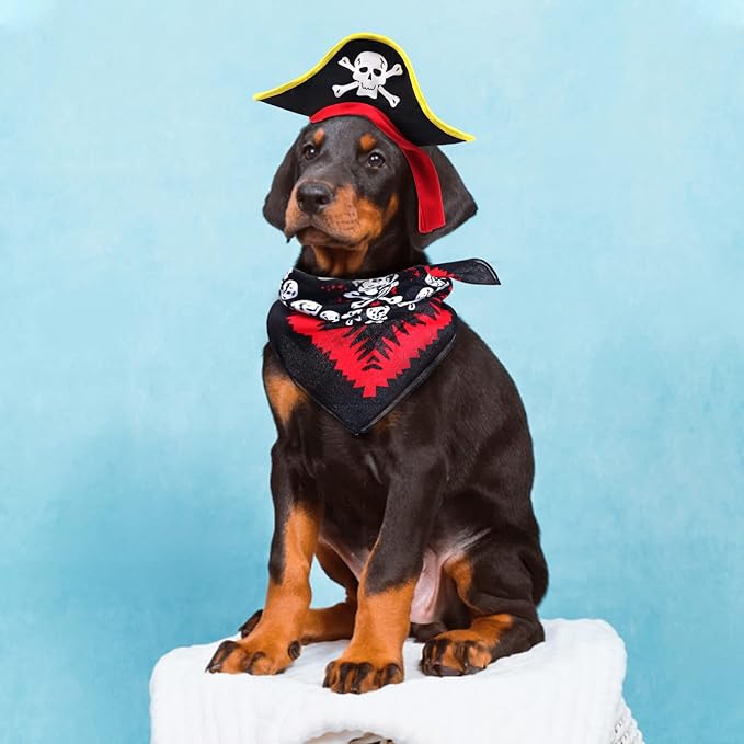 2 Pieces Skull Print Pet Pirate Hat with Pirate Skull Bandana Dog Cat Captain Cap Halloween Pirate Cosplay Costume Halloween Party Hat Dress Up Costume Accessories (A) One Size