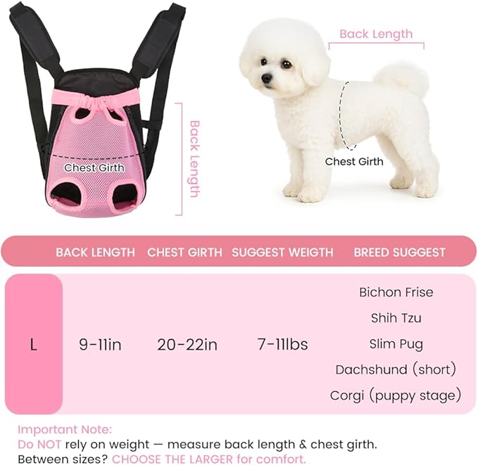 Dog Backpack Carrier, Thick Straps & Cushion, Pet Sling Front Backpacks for Small Medium Dogs 7-11 Lbs, Legs Out, Adjustable Wearable Puppy Chest Travel Bag, Easy-Fit for Hiking/Walking/Camping