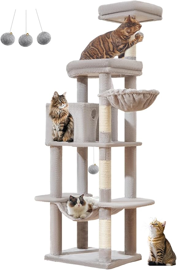 Taoqimiao MS042W Cat Tree,66-inch Large Cat Tower with Scratching Posts, Luxurious Large Platform for Big Cats with Soft Hammock, Adjustable Basket, Deluxe Cat Cando, Top Perch Light Gray
