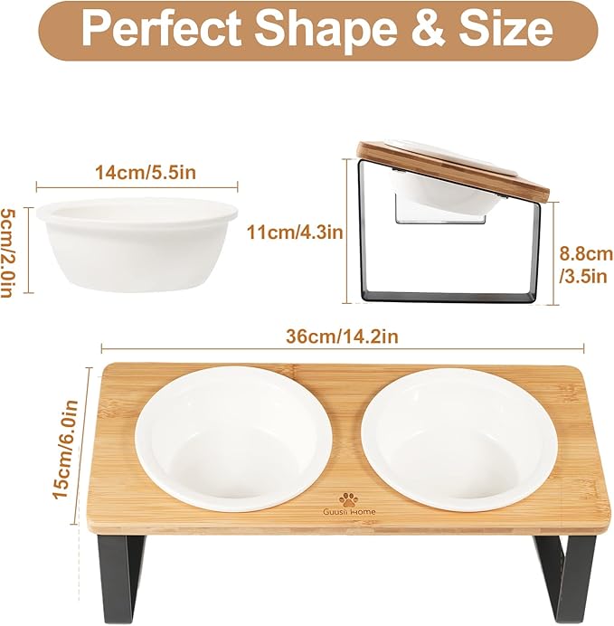 Sunhoo Ceramic Elevated Cat Bowls Raised Puppy Dishes for Food and Water Tilted Wooden Stand for Indoor Cats 5.5 inch Wide Double Dish Orthopedic Reduces Vomiting (Wood Color)