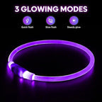HIGO Light Up Dog Collar, LED Dog Collar for Night Safety with 3 Modes, Type-C Rechargeable & Adjustable TPU Material for Small Medium Large Dogs (Purple)
