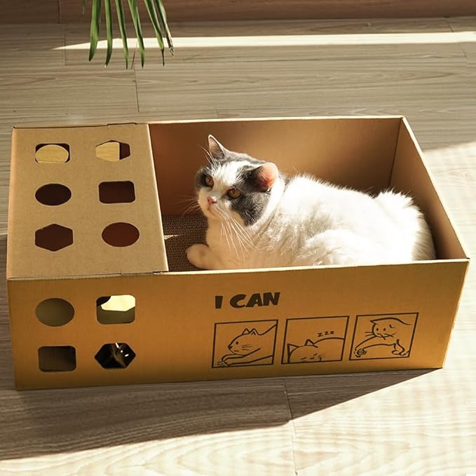 3-in-1 Multi-Functional Cardboard Cat Scratcher Box with Double-Sided Scratch Pad and Interactive Toy Assortment - Includes Refillable Pads and Treat Puzzle Box - Ideal for Indoor Cats
