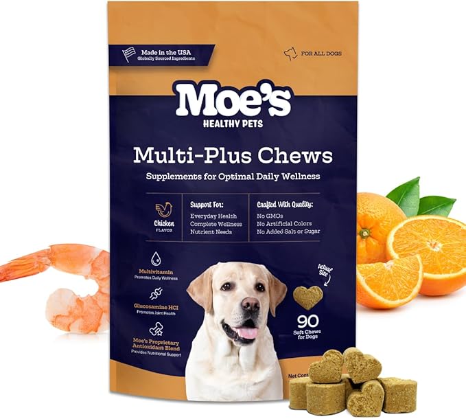 Moe’s 5-in-1 Essential Dog Multivitamin 90 Chicken Flavored Chews for Dog's Immune Support, Heart, Skin, Coat, & Overall Health- Vitamins A, B12, C, D, E, Antioxidants, Omega 3 for All Ages & Breeds