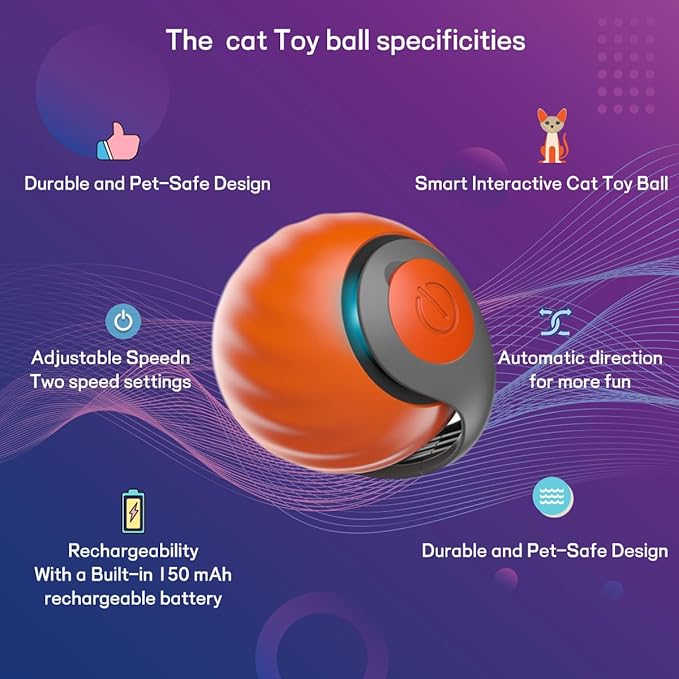 2025 Upgraded Self-Moving Cat Toy Ball with Tail (2-Pack) - Rechargeable Smart Interactive Kitten Toys, 2-Speed Modes, Bite-Resistant Indoor Exercise Toys for Bored Cats (Blue&Orange)