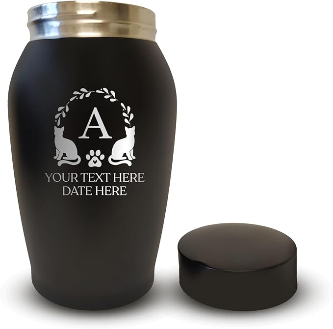 Personalized Custom Small Keepsake Urn Engraved with Pet Name, Date and Cat Design - 5.2" Black Powder Coated Steel Cremation Urn for Cat Ashes - Airtight Closure | 12-16 lb Capacity, Cat Borders