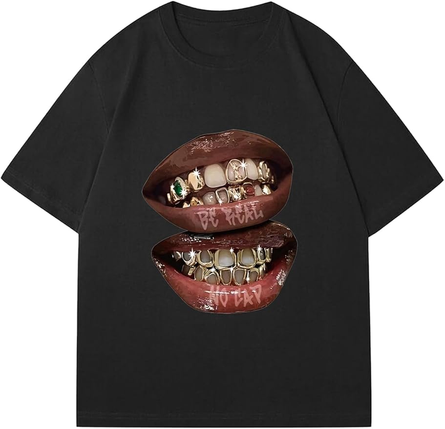 Verdusa Women's Lips Print Graphic Tees Y2k T Shirts Summer Crew Neck Vintage Going Out Tops