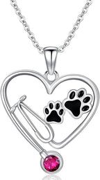 Birthstone Veterinary Stethoscope Necklace 925 Sterling Silver Nurse Vet Pendant with Dog Paw Nurse Jewelry Gifts for Veterinarian Nurse Women Veterinarian Gifts