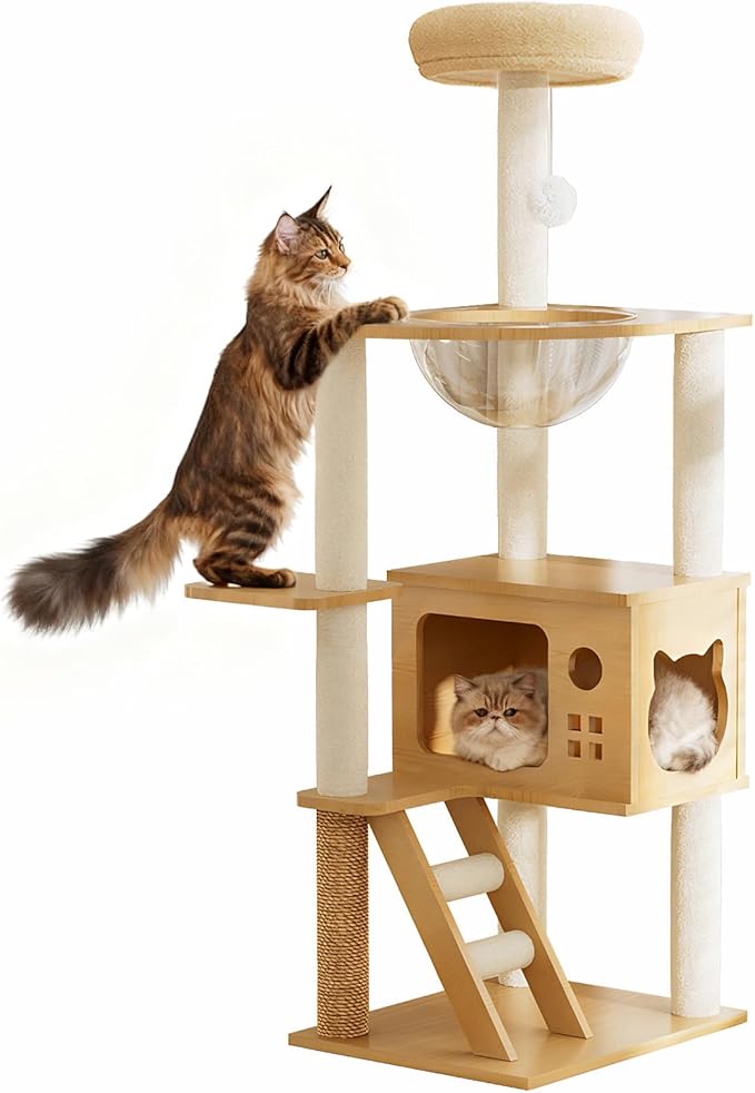 48.8" Cat Scratching Post, Tall Wood Cat Tree with Sisal-Covered Scratching Tower, Stable Cat Scratch Post for Indoor Cats, Modern Cat Tower with Top Perch & Acrylic Hammock for Small & Large Cats