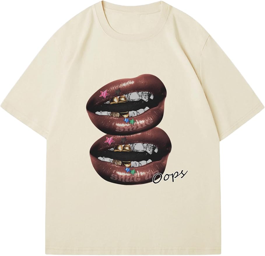 Verdusa Women's Lips Print Graphic Tees Y2k T Shirts Summer Crew Neck Vintage Going Out Tops