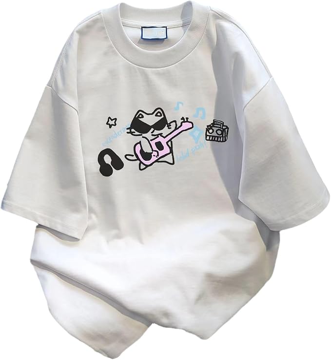 Harajuku Vintage Shirts for Women Cute Graffiti Cat Print T-Shirt Summer Oversized Graphic Tees Kawaii Clothes Y2K Tops