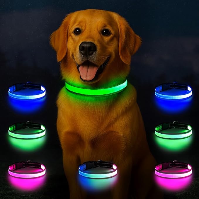 Light Up Dog Collar, Multicolor LED Dog Collar with 7 Modes, USB-C Rechargeable Reflective Glow Collar, Waterproof & Adjustable Design with Battery Indicator for Safe Night Walks(Large)