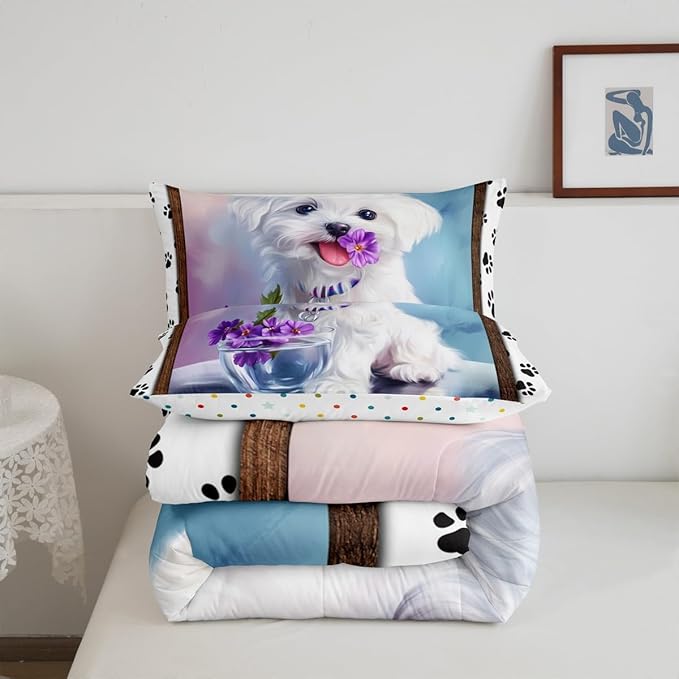 Erosebridal Cute Animal Bedding Set Twin White Dog Comforter Set, Kawaii Pet Bedding Comforters & Sets Cartoon Puppy Paws Duvet, Pink Purple Floral Flower Quilt Comforter Animal Theme Bedroom Decor