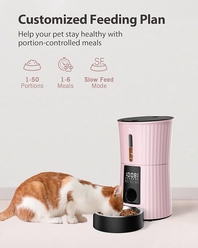 Petory Timed Automatic Cat Feeders - 4L Programable Dry Food Dispenser for Cats and Small Medium Dogs 6 Meals with Desiccant Bag Dual Power Supply 10S Voice Recorder