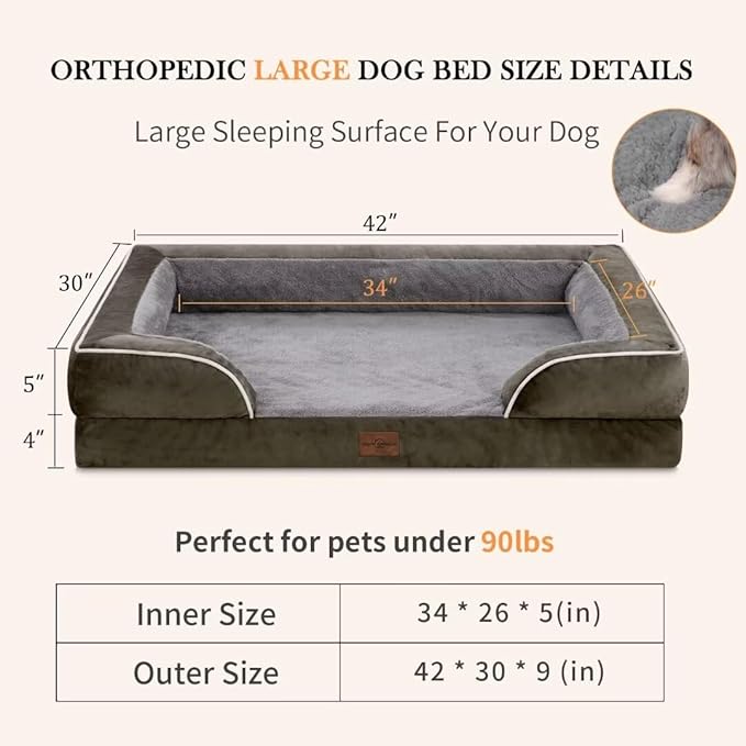 Comfort Expression Orthopedic Memory Foam Dog Beds, XL Dog Beds for Extra Large Dogs, Washable Dogs Beds with Removable Cover, Waterproof Pet Sofa Couch with Bolster(X-Large,Olive Green)