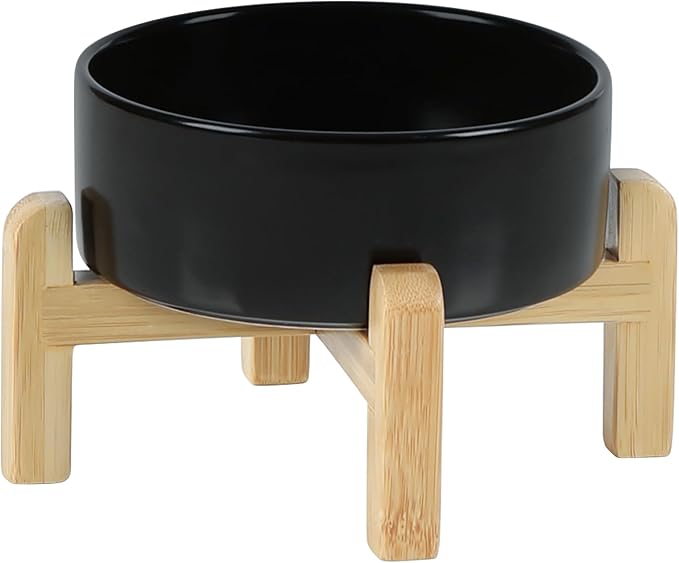 Ceramic Raised Dog and Cat Bowl Set, 2 Heights Elevated Stand, Food and Water Bowl for Small Breed Dogs, Cats, Kitty, Weighted Dog Dishes, Pet Bowls(5.1'',13.5oz, Black)