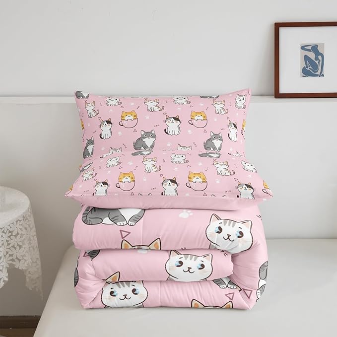 Erosebridal Pink Cat Bedding Set Twin Kawaii Animal Comforter Set, Cute Hearts Reversible Duvet Insert White Kitten Paws Quilt Set, Cartoon Animal Pet Bedding Comforters & Sets Geometry Triangle Decor