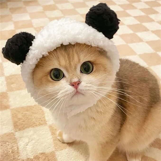 JOICEE Cute Cat Costume - Warm Bear Hat for Small Pets (Black & White)