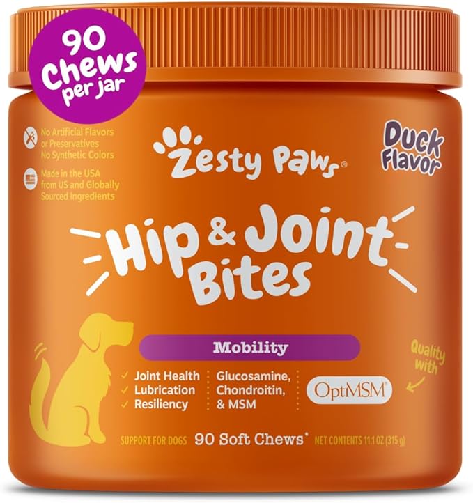 Zesty Paws Hip and Joint Supplement for Dogs - Glucosamine with Chondroitin, MSM, Vitamins C and E Dog Joint Relief - Mobility Bites Duck – 90 Count