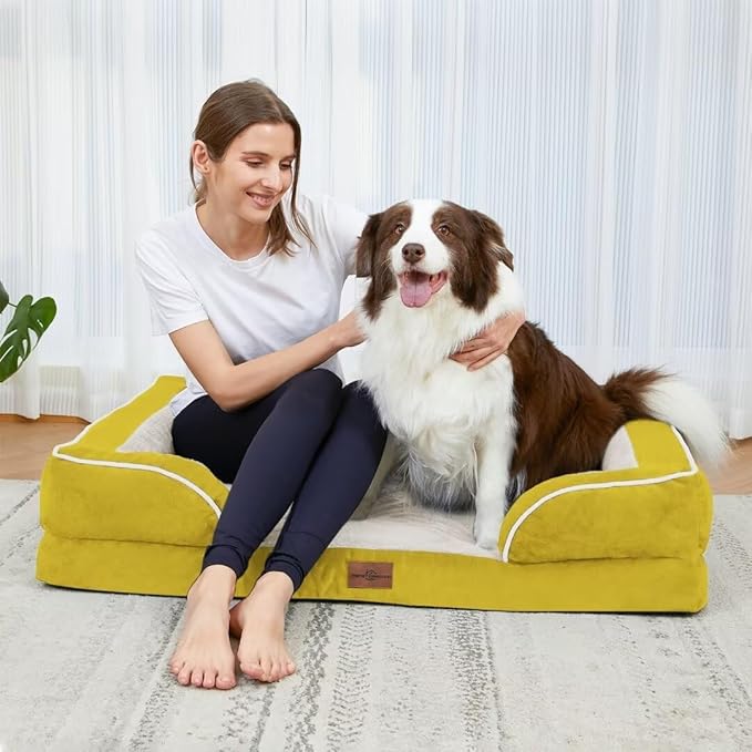 Comfort Expression Waterproof Dog Beds Large Sized Dogs, Large Dog Beds Orthopedic Foam, Comfy Pet Bed Sofa with Washable Removable Cover & Non-Slip Bottom(Spicy Mustard)