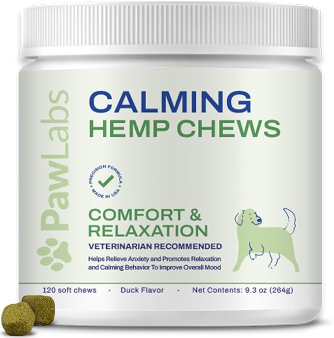 Calming Hemp Chews for Dogs - Relieve Anxiety & Stress - Organic Hemp, Chamomile, Protein Powder, Valerian Root - Natural Calming Aid - Vet Formulated, USA Made - Duck Flavor - 120 Count