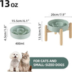 6.1inch Ceramic Raised Slow Feeder Dog Bowl Set, Elevated Wooden Stand for Small Dog and Cat, Puzzle Slow Dish, Preventing Choking(Light Green, Single Bowl+ Stand)