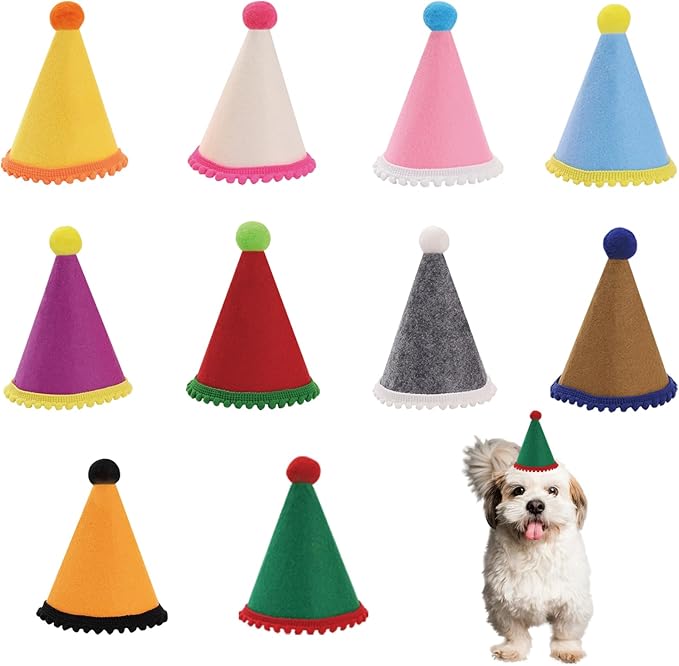 10 Pcs Dog Birthday Hat Set for Small Medium Dogs Cat Puppies, Mini Party Hat with Adjustable Headbands, Cute Pet Hat with Pompons for Birthday Christmas Party Decoration Accessories (Mini 2.5 Inch)