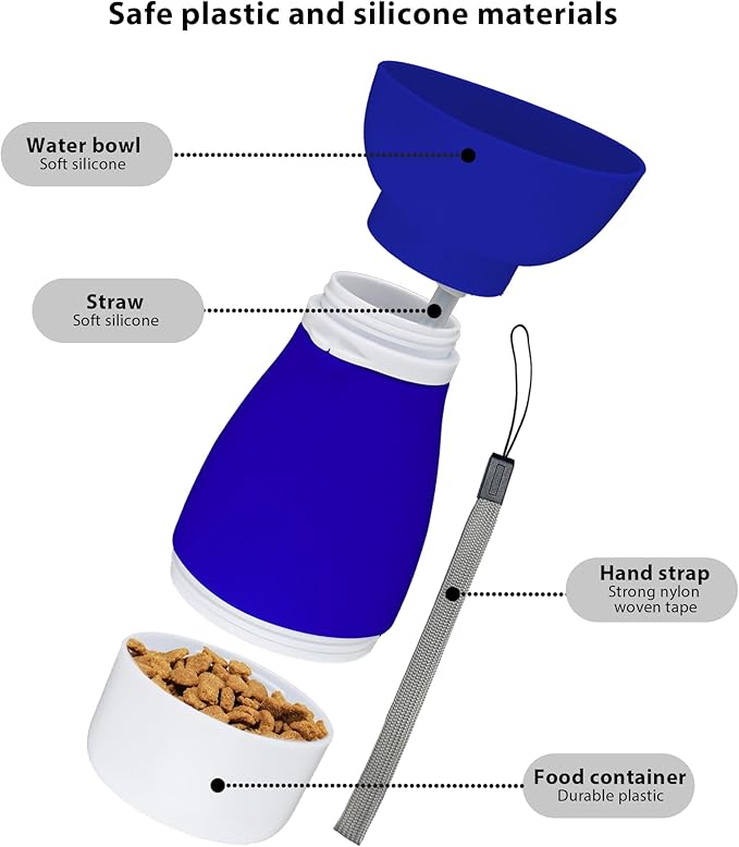 Portable Pet Water Bottle - 20 oz with 8.8 oz Food Container,Silicone Leakproof Travel Bottle for Dogs Cats, Detachable Feeding Dish for Walking Hiking Travel Blue